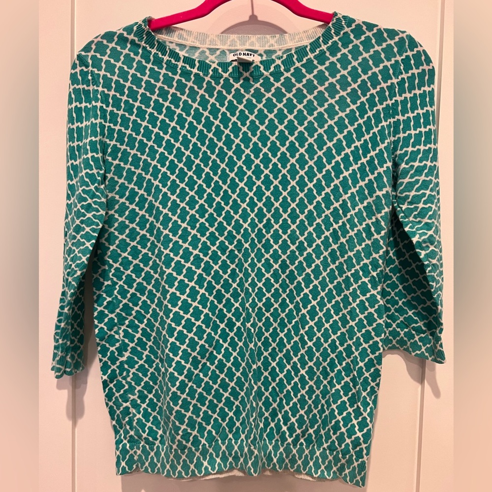 Old Navy Cotton Teal White Geometric Print Sweater 3/4 Sleeve Size M